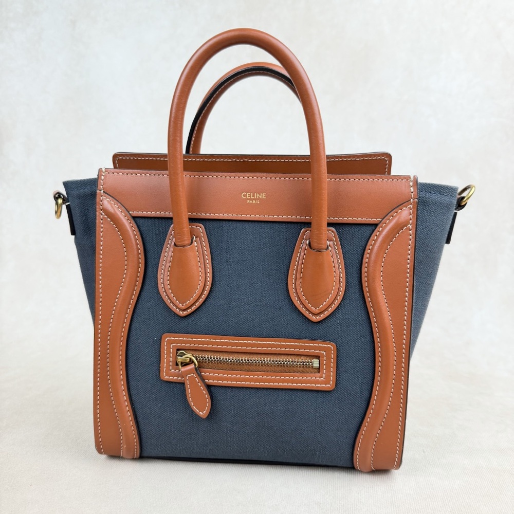 Celine Nano Luggage 2Way Blue Canvas (Denim-Style) Tan Leather Crossbody Bag - Picture 3 of 17